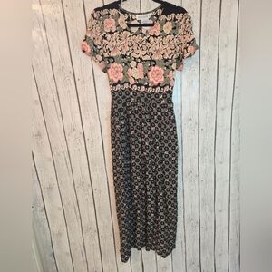 Vintage Studio C 90s Maxi Dress Womens Medium Black Floral Print